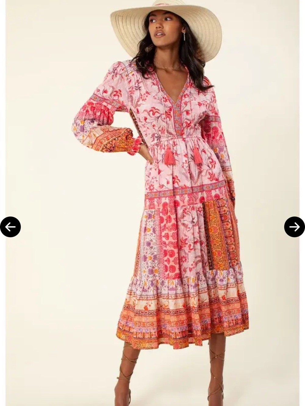 Hale Bob Pink Floral Patchwork Midi Dress with Tassel Tie
